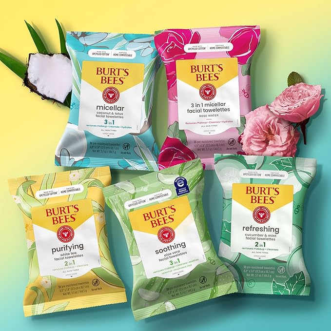 Burt's Bees White Tea Face Wipes, for All Skin Types, College Back to School Dorm Essentials, Hydrating Makeup Remover & Facial Cleansing Towelettes, 30 Ct. (3-Pack)