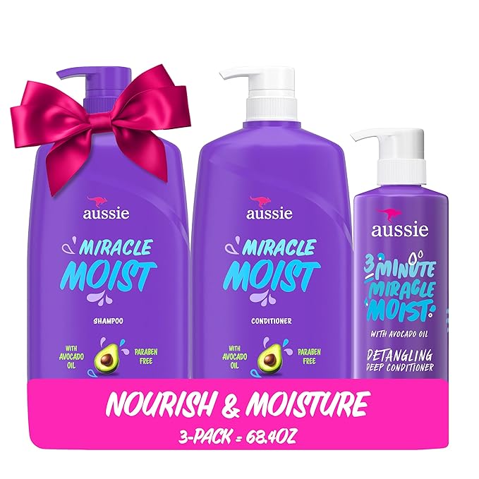 Aussie Miracle Moist Shampoo and Conditioner with 3 Minute Miracle Deep Conditioner, Avocado & Jojoba Oil, Paraben-Free, Moisturizes & Detangles, All Hair Types, Citrus Floral Scent, 3 Pack 68.4 Fl Oz