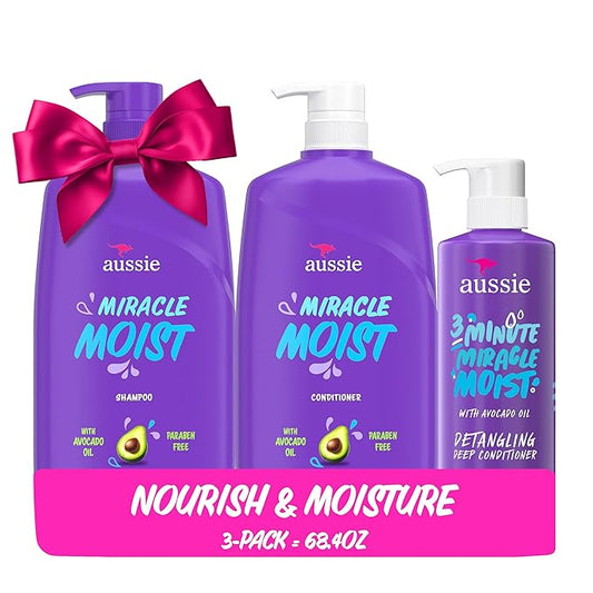 Aussie Miracle Moist Shampoo and Conditioner with 3 Minute Miracle Deep Conditioner, Avocado & Jojoba Oil, Paraben-Free, Moisturizes & Detangles, All Hair Types, Citrus Floral Scent, 3 Pack 68.4 Fl Oz