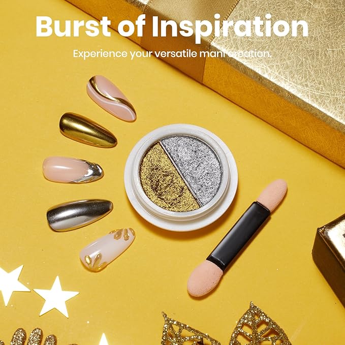 Beetles Chrome Nail Powder 2 Colors Mirror Effect Gold Silver Metallic Cromer Powder for Nail Solid Pigment Nails Art Decoration Glitter Manicure Design Gift for Women