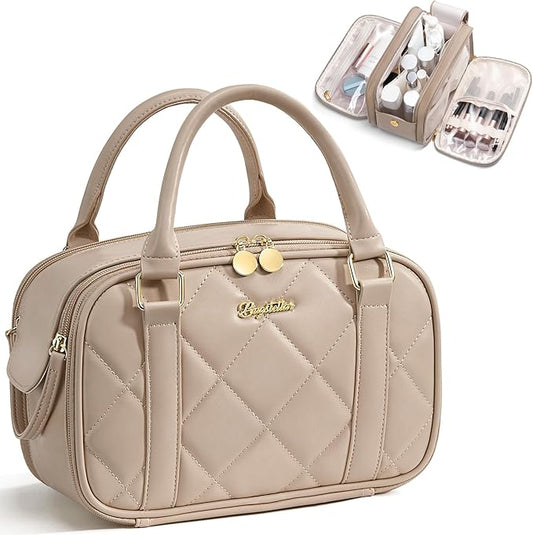 Bagstellar Travel Makeup Bag, Large Capacity Quilted Toiletry Bags for Women, Wide-open Cosmetic Bags Make Up Case Organizer Portable Pouch with Handle & Brush Holder for Traveling Accessories, Camel