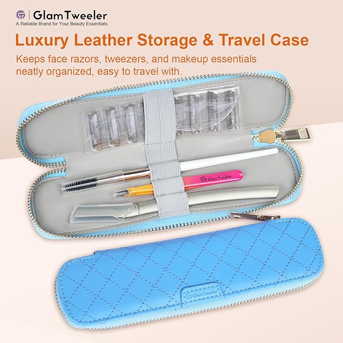 Women's Dermaplane Face & Eyebrow Razor Kit with GlamTweeler Slant Tweezers, Spoolie Brush, and Luxury Leather Storage & Travel Case + 10 Refill Blades (Silver)