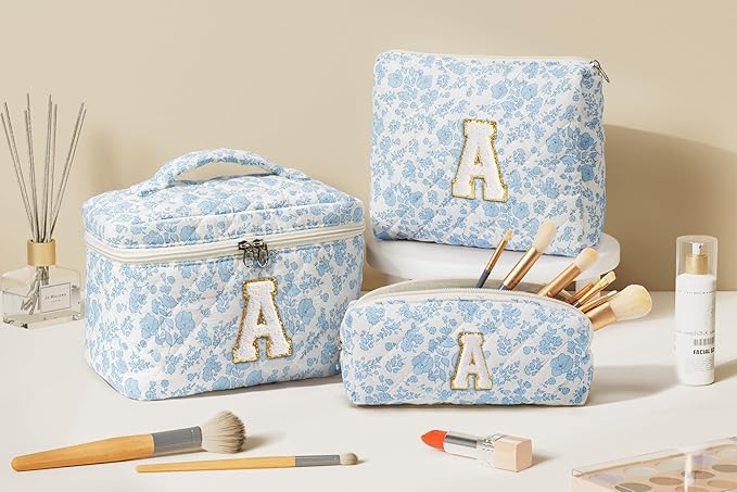 Birthday Gifts for Teen Girl Women, Personalized Initial Makeup Bag Quilted Cosmetic Bag Make Up Bags Travel Toiletry Bags Teen Girl Gifts Trendy Stuff Valentines Day Gift for Wife Mom Daughter Friend