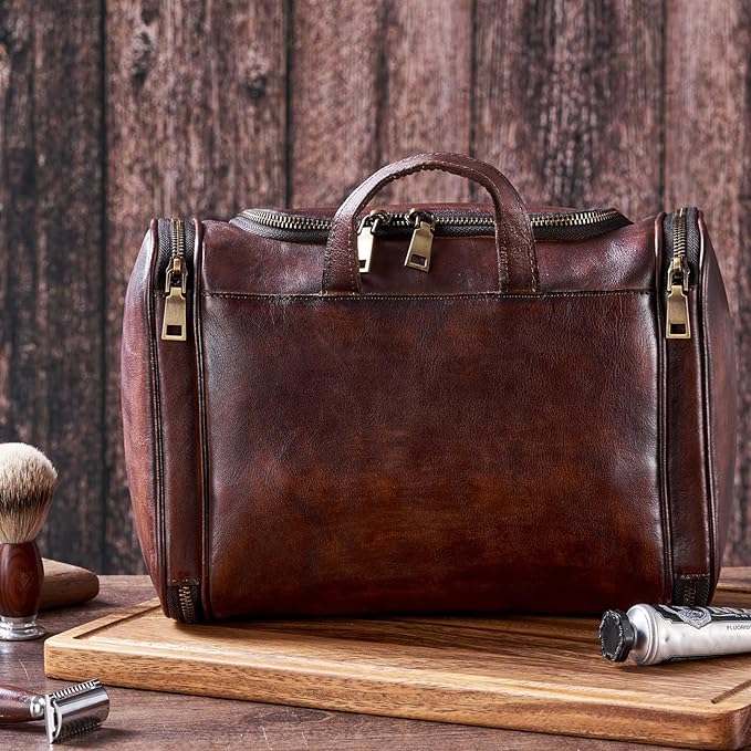 Toiletry Bag For Men, Genuine Leather Toiletries Organizer, Large Travel Hanging Toiletry Bag Water-resistant Bathroom Shaving Kit for Cosmetics, Makeup Case Travel Dopp Kit