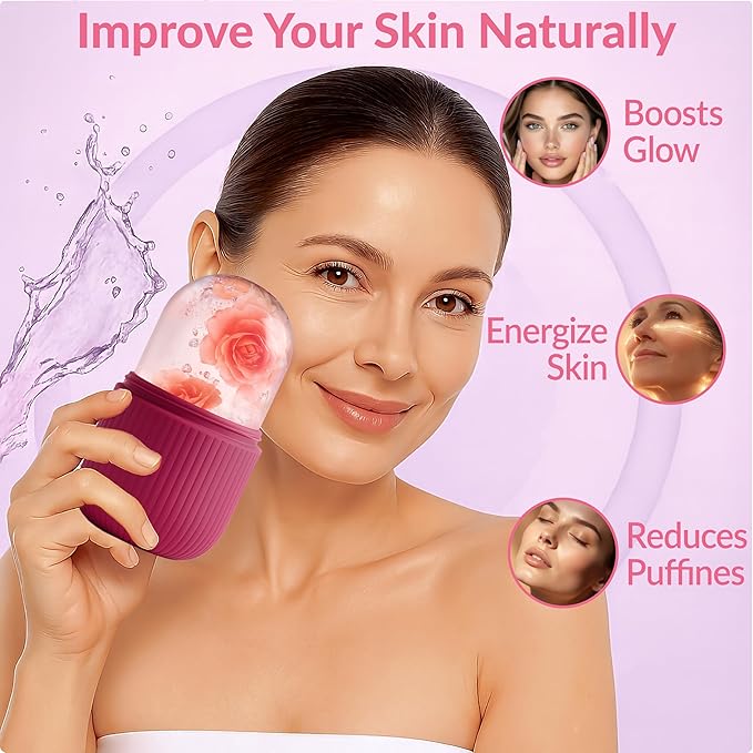 Brookstone IcyGlow Facial Rollers with Rose - Ice Roller for Face, Neck & Under Eyes - Cold Therapy Massager for Puffiness, Redness & Skincare Routine - Soothing Ice Face Roller for Cooling