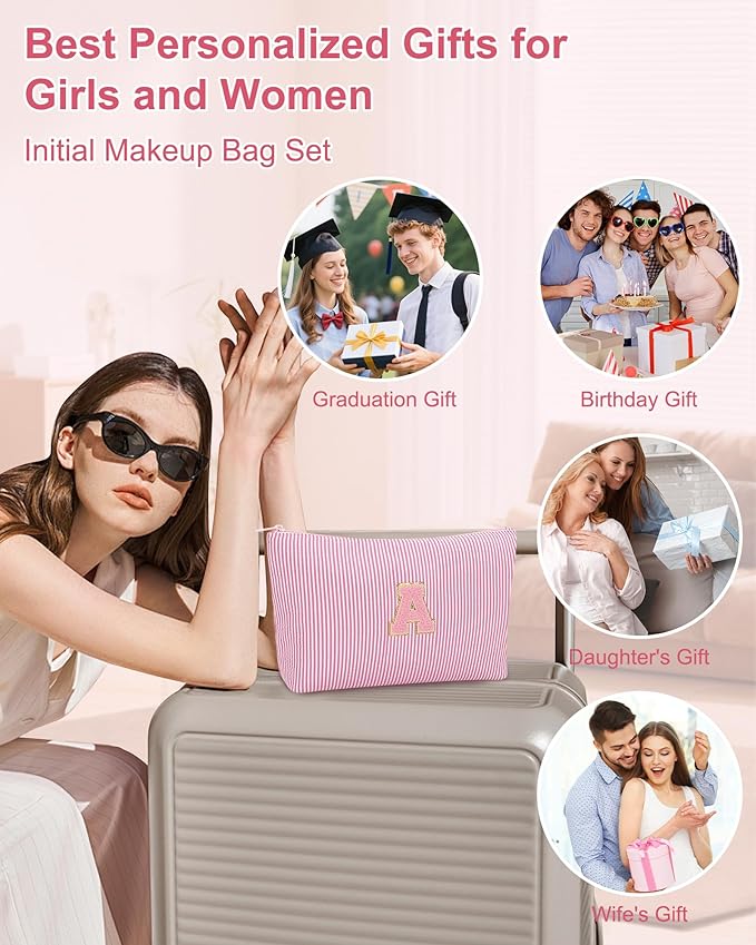 MONSTINA Personalized Initial Makeup Bag for Women,Monogram Make Up Case for Girlfriend Bridesmaid Wife,Birthday Gift for Her Cute Toiletry Bag,3PCS,Pink F