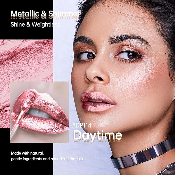 Depuplum light Pink Lipsticks for Women Metallic Lipstick Long Lasting Non Stick Cup Lip Gloss, Shimmer Lightweight Hydrating Full Coverage Lip Color, DP114 Daytime