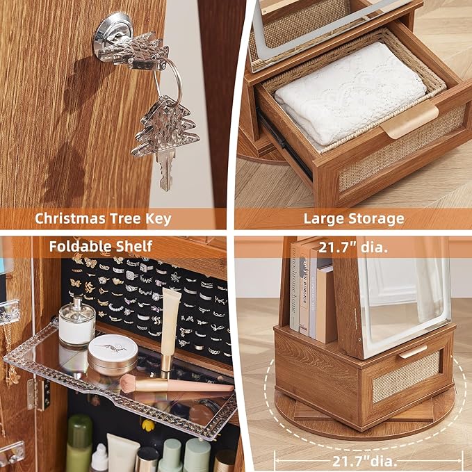 Rattan 360° Swivel Jewelry Armoire Cabinet Standing with Full Length Mirror, Lockable Jewelry Organizers and Drawer Storage with 3 Color LED Lights & Interior Mirror Rear Storage Shelves