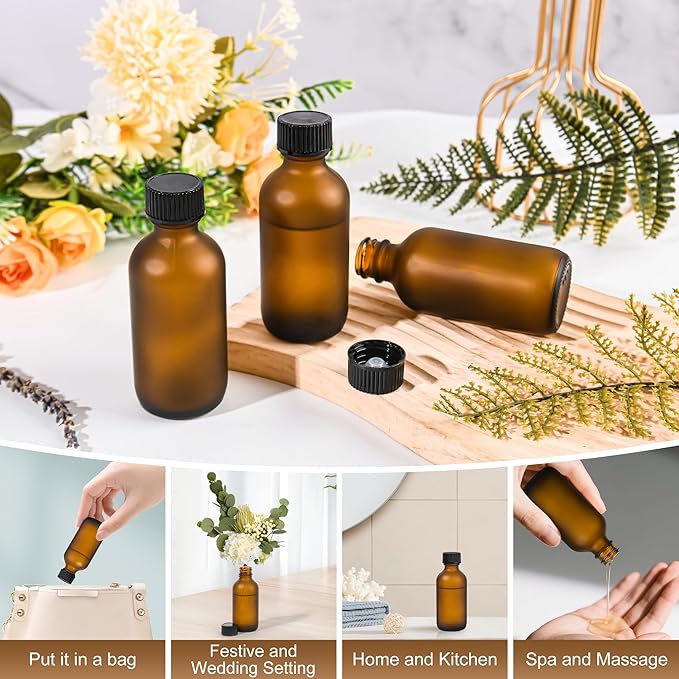 Exlvanto Small Glass Bottles with Lids Boston Round Shot Bottles for Health, Immunity, Ginger Juice, Essential Oils, Potion - Leak Proof Mini Travel Containers (Amber Frosted, 2oz-48Pack)