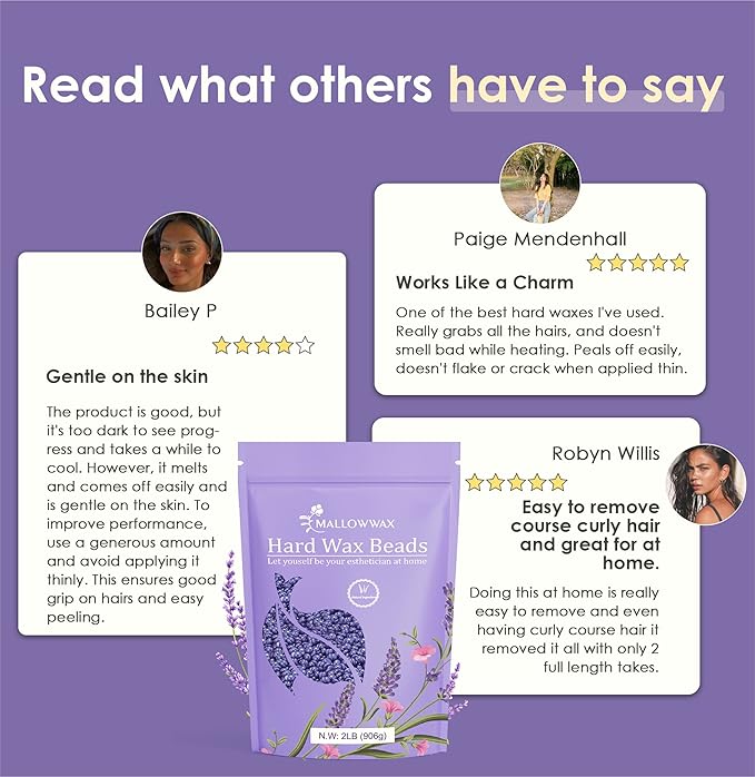 Mallowwax - Lavender - Wax Beads for Hair Removal - Natural & Hypoallergenic Formula - Stripless Refillable 2LB - Ideal for At-Home Use and Sensitive Areas