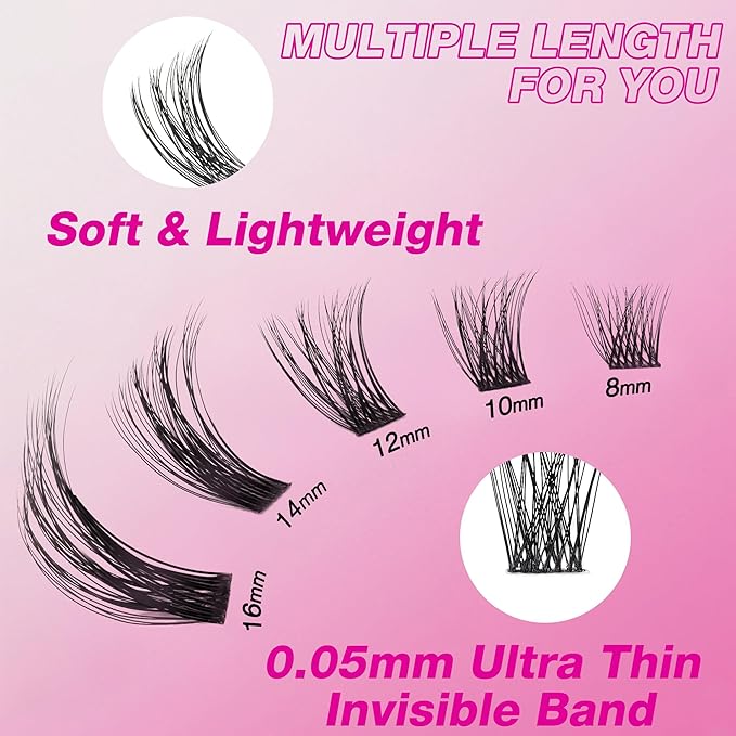 VEYESBEAUTY Lash Clusters Individual Eyelash Extensions Thin & Invisible Band DIY False Eyelashes for Self-application Newbie's Five-Second Series Wispy Lash Tray, Boldeye 16mm Single Length