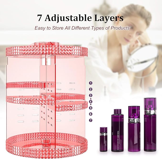 Awenia Makeup Organizer 360-Degree Rotating, Adjustable Makeup Storage, 7 Layers Large Capacity Cosmetic Storage Unit, Fits Different Types of Cosmetics and Accessories, Plus Size with Makeup Bag