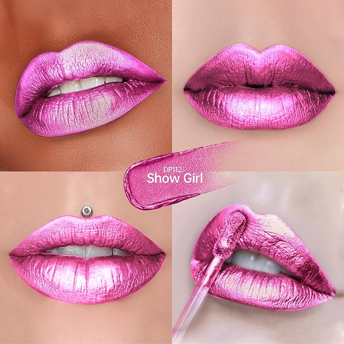 Depuplum Hot Pink Lipsticks for Women Metallic Lipstick Long Lasting Non Stick Cup Lip Gloss, Shimmer Lightweight Hydrating Full Coverage Lip Color,DP112 Show Girl