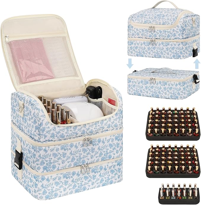 Extra Large Nail Polish Organizer - Three Layer Nail Organizers And Storage Bag, Portable Nail Supplies Organizer Case, Nail Tech Kit Travel Carrying Box with Shoulder Strap (Floral Blue, 117 Slots)