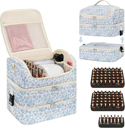 Extra Large Nail Polish Organizer - Three Layer Nail Organizers And Storage Bag, Portable Nail Supplies Organizer Case, Nail Tech Kit Travel Carrying Box with Shoulder Strap (Floral Blue, 117 Slots)