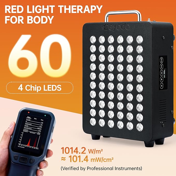 Red Light Therapy for Body, 4 Chip Infrared Light Therapy Panel with Near-Infrared Light 630nm 660nm 850nm 940nm, 138W High Power 60 LED Red Infrared Light Device, Includes Hanging Kit & Handle,Black