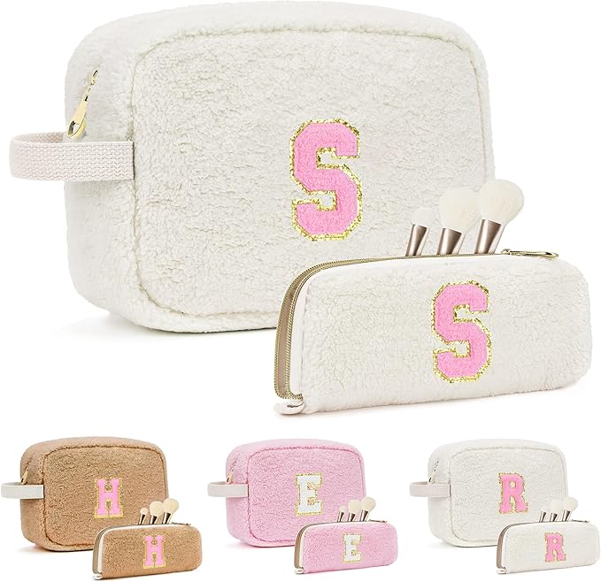 for Valentines Day Gifts, Travel Makeup Bag for Women, Initial Make Up Bag Set for 6 7 8 9 10 11 12 13 Years Old Kids Tween Girls, Large Cosmetic Skincare Bags for Birthday Gifts, White S