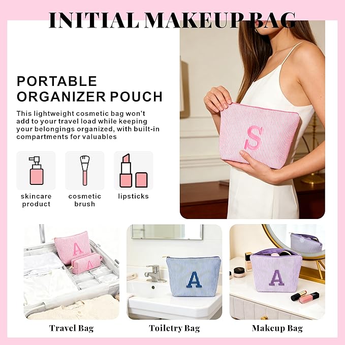 Travel Essentials - Portable Travel Makeup Bag Set for Women, Custom Portable Initial Travel Toiletry Bag, Makeup Pouch Organizer Cosmetic Bag Birthday Gifts for Women, Pink Letter D