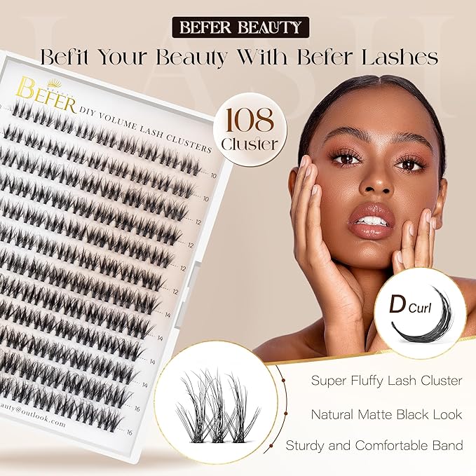 BEFER Lash Clusters Kit, 108 Pcs 3D Curl Eyelash Clusters Volume Individual Lashes Extensions 10-16MM Wispy Eyelash with Tweezers DIY At Home(Wit, ZE12,Kit)