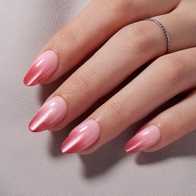 VSALON Press On Nails Short Almond, 32 Pcs 16 Sizes Red Cat Eye Press On Nails Ombre Fake Nails With UV Cure Nail Glue, Reusable Stick On Nails Sparkly False Nails Fall Gifts For Women