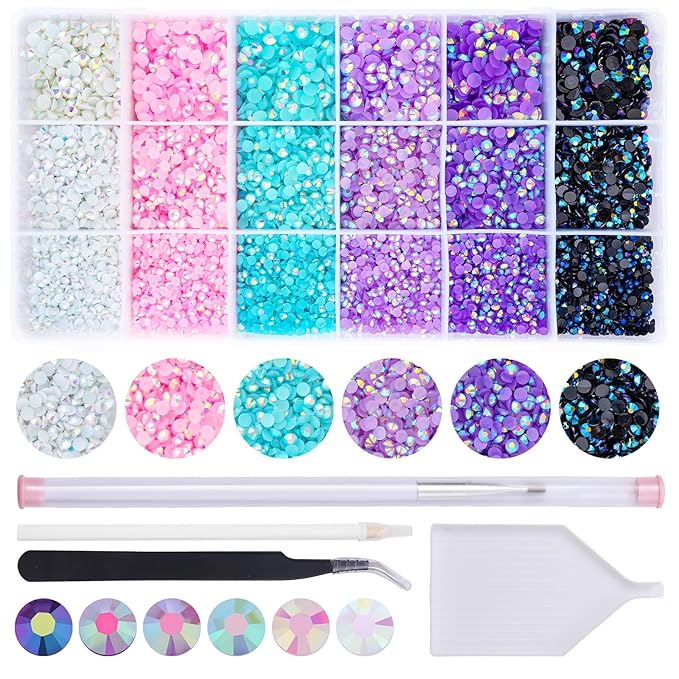22380 pcs Resin AB Crystals Gemstones, 6 Colors Round Gems for Crafts Makeup Face Clothes Shoes Tumbler DIY Decoration 3/4/5mm (White Blue Purple Rhinestones)