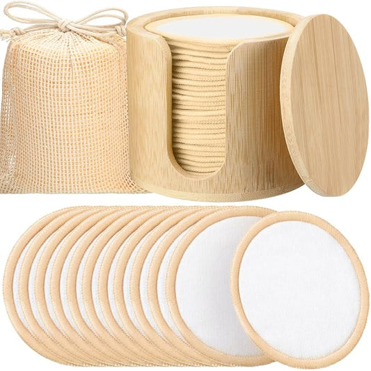 Foaincore 40 Pcs Reusable Makeup Remover Pads with Mesh Storage Bag and Bamboo Box Washable Bamboo Cotton Rounds Soft Reusable Face Pad for Toner Skin Various Skin Care Products(White, Tan)