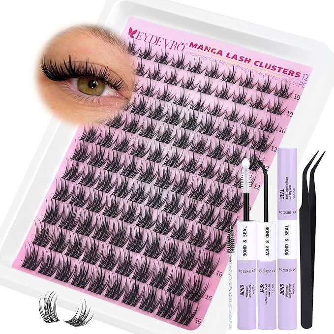 EYDEVRO Manga Lash Clusters Kit Natural Wispy Eyelash Clusters Anime Lashes Cluster 10-16mm Cluster Eyelash Extensions DIY Lash Extension Kit Individual Lashes Lash Bond and Seal Lash Tweezers Brushes