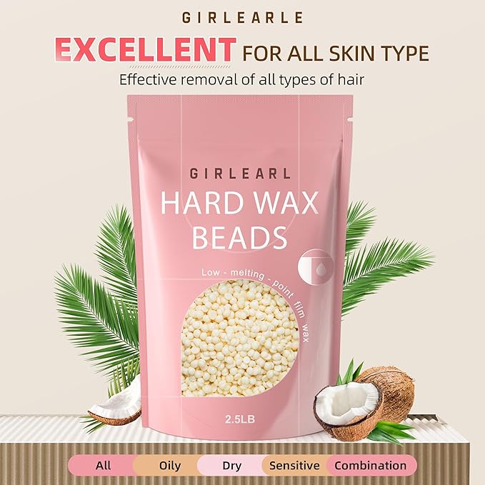 GIRLEARLE 2.5lb Wax Beads for Hair Removal, Brazilian Bikini Hard Wax for Sensitive Skin, Hard Wax beads Perfect for Full Body Eyebrow, Facial, Beard and Underarms at Home for Women and Men (Cream)