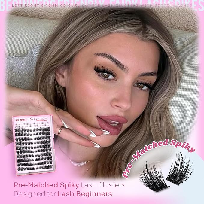 JIMIRE Lash Clusters Wispy Eyelash Clusters Cat Eye Lash Clusters with Spikes 8-18MM Volume Fluffy Cluster Eyelash Extensions with Bottom Lashes Clusters Extension Easy to Apply 144Pcs Pack