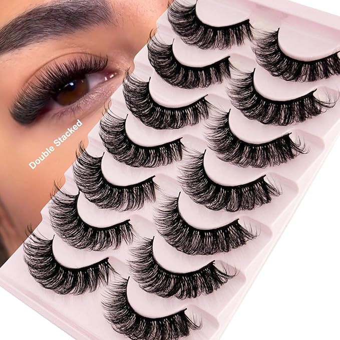 Short Lashes Natural Look D Curl 8-14mm Mink Eyelashes Fluffy that Look Like Extensions Strip False Volume Lash Pack Full 7 Pair Wispy Cat Eye Mega Double Stacked Thick Eyelash Small Fake Lashes