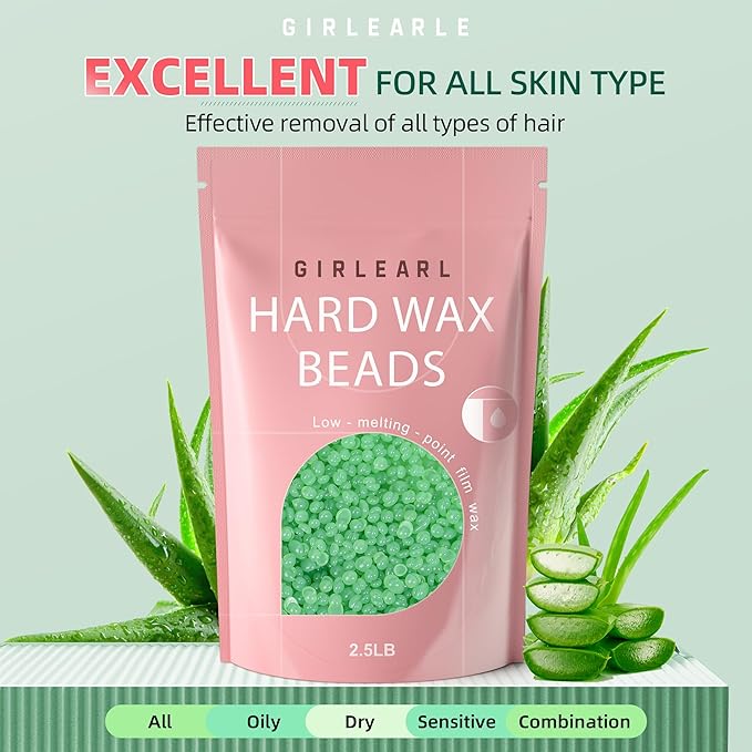 GIRLEARLE 2.5lb Wax Beads for Hair Removal, Brazilian Bikini Waxing for Women Men, Hard Wax beads Perfect for Sensitive Skin Full Body Eyebrow, Legs, Face at Home Waxing Beads for Coarse Hair (Aloe)
