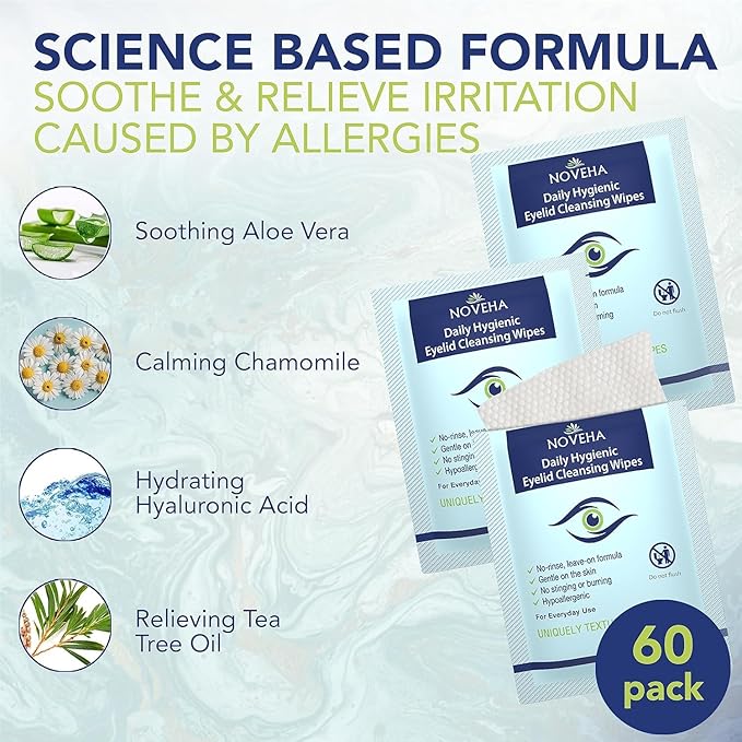 NOVEHA 180Pcs Daily Hygienic Eyelid & Lash Wipes | 120 Individually Wrapped Cleansing Eyelash Wipes - For Blepharitis & Itchy Eyes, Demodex and Natural Makeup Remover & Daily Cleanser (3 Pack)