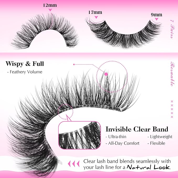 Clear Band False Eyelashes Wispy Lashes Mink Cat Eye Lashes Natural Look Eyelashes Pack Soft Light CD Curvature, 7 Pairs