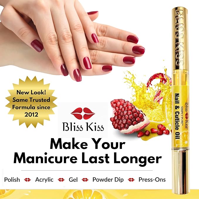 Bliss Kiss | Crisp Fragrance 4 Nail Oil Cuticle Pens w/Vitamin E & Jojoba⏤Nail Strengthener Nail Growth Treatment for Brittle Peeling Breaking Thin Nails