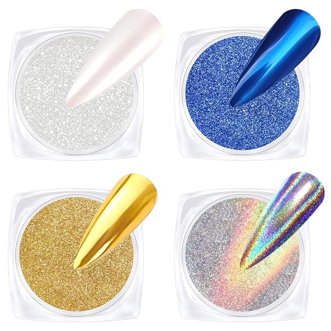 BISHENGYF Gold Chrome Nail Powder - Sparkly Laser Holographic Nail Powder Metallic Mirror Effect Ice Blue Nail Chrome POwder, White Pearl Pigment Holo Iridescent Glitter Dust Kit, Nail Art Decoration