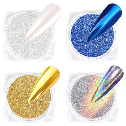 BISHENGYF Gold Chrome Nail Powder - Sparkly Laser Holographic Nail Powder Metallic Mirror Effect Ice Blue Nail Chrome POwder, White Pearl Pigment Holo Iridescent Glitter Dust Kit, Nail Art Decoration