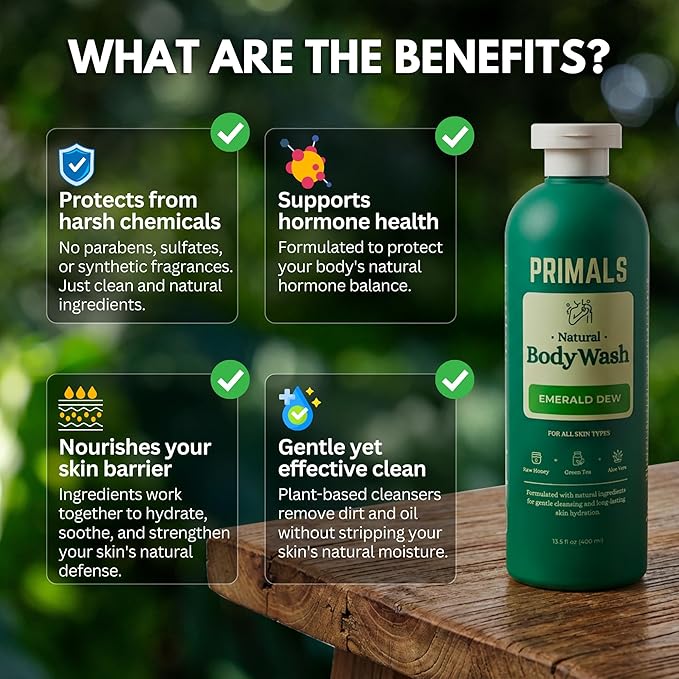 PRIMALS Natural Body Wash - Aloe Vera, Raw Honey, Green Tea - Natural Ingredients - Zero Artificial Fragrances, Sulfates, Parabens, or Dyes - 13.5 Fl Oz