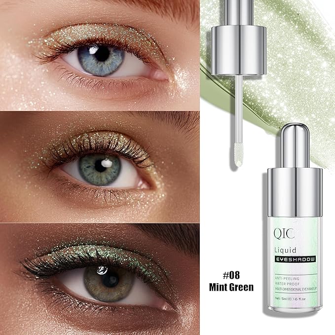 QIC Liquid Glitter Eyeshadow, Metallic & Shimmer Finish, Long Lasting, Non-Creasing, Smudge-proof, Lightweight Formula Liquid Eyeshadow for All Skin Tones, Buildable Color (08 Mint Green)