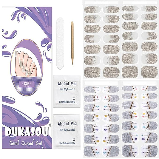 DUKASOU Semi Cured Gel Nail Strips, 56Pcs Nail Art Stickers/Wraps, Long Lasting UV Nail Polish Strips for Adults(Silver Rhinestones+French Tip Glitter)