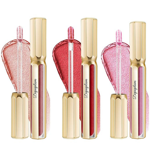 Depuplum 3Pc Lipsticks Set for Women Metallic Lipstick Long Lasting Dark Red Pink Burgundy Lip Gloss, Metal Shine Lightweight Hydrating Full Coverage Lip Color, DP101/104/108