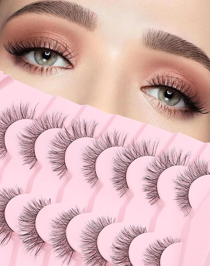 Natural Mink Lashes Fluffy Cat Eye Lashes Wispy 6D Volume False Eyelashes that Look Like Extensions Thick Soft Curly Fake Lashes 7 Pairs Pack NK26