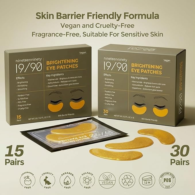 19/90 Under Eye Patches for Dark Circles & Puffiness – Hydrogel Eye Masks with Caffeine, Niacinamide & Collagen – Helps Reduce the Look of Bags & Fine Lines, Gold, (30 Pairs)