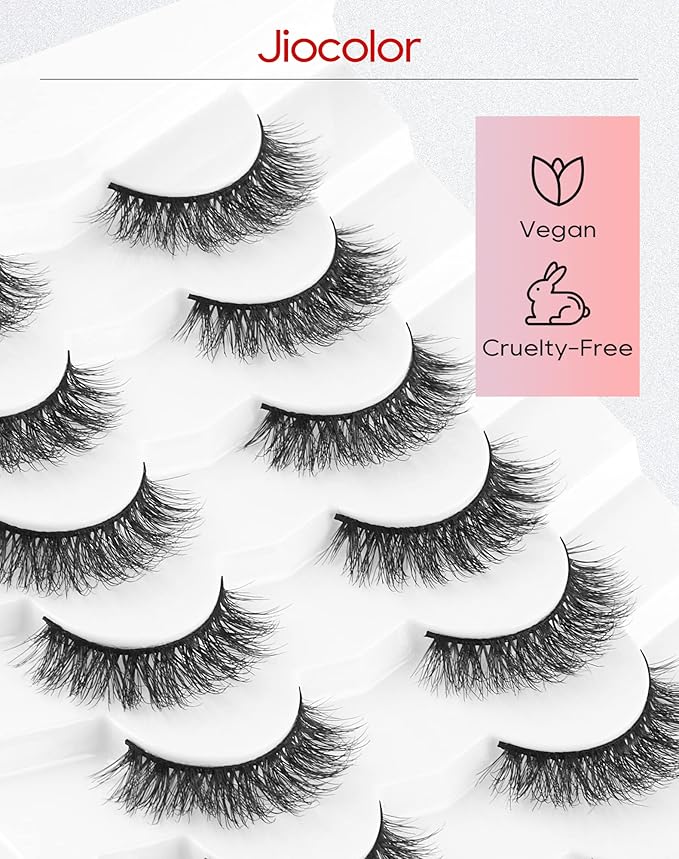 Jiocolor Fake Lashes Natural Look Wispy Fluffy Lashes 3D Faux Mink Lashes False Eye Lashes Reusable 7 Pairs False Eyelashes 13MM