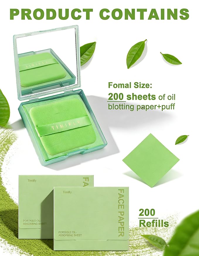 Oil Blotting Paper - 300 Sheets w/Mirror, Puff & Refills, Absorbs Excess Face Oil, Controls Shine, Gentle for Makeup Use.