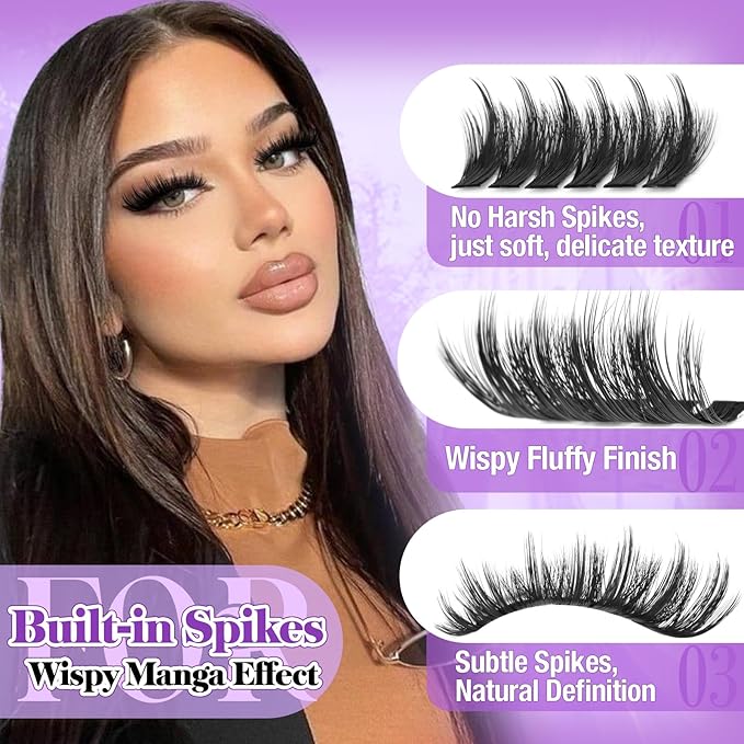 Spiky Lash Clusters Volume Eyelash Clusters Wispy Lashes Clusters Manga Cluster Eyelash Extensions 12-20mm D Curl Individual Lashes 200D Fluffy Cluster Lashes for DIY Lash Look by Yawamica