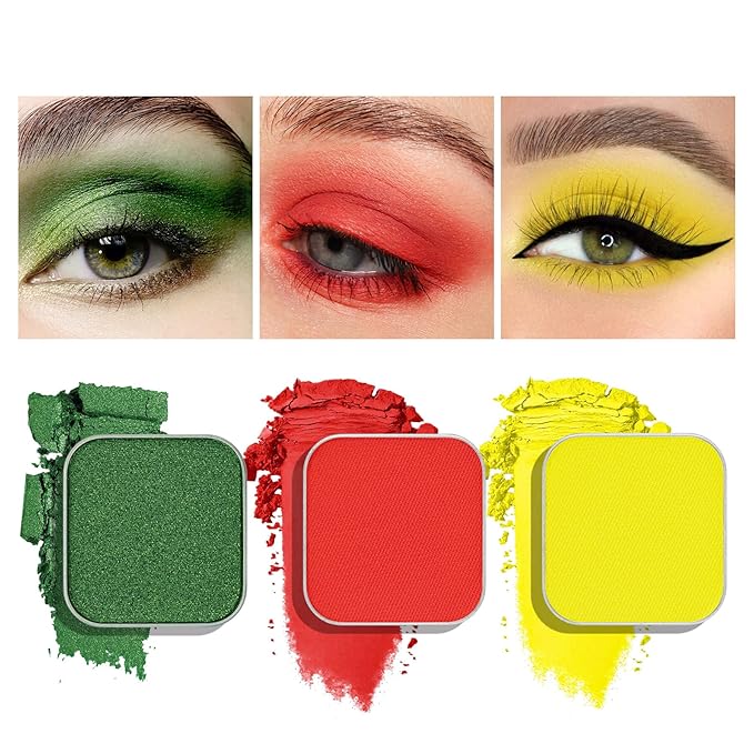Christmas 3-Color Eyeshadow Trio – Festive Holly Red, Evergreen Green & Golden Yellow, Matte & Shimmer, Highly Pigmented Powder Refills for DIY Custom Magnetic Palette & Holiday Makeup