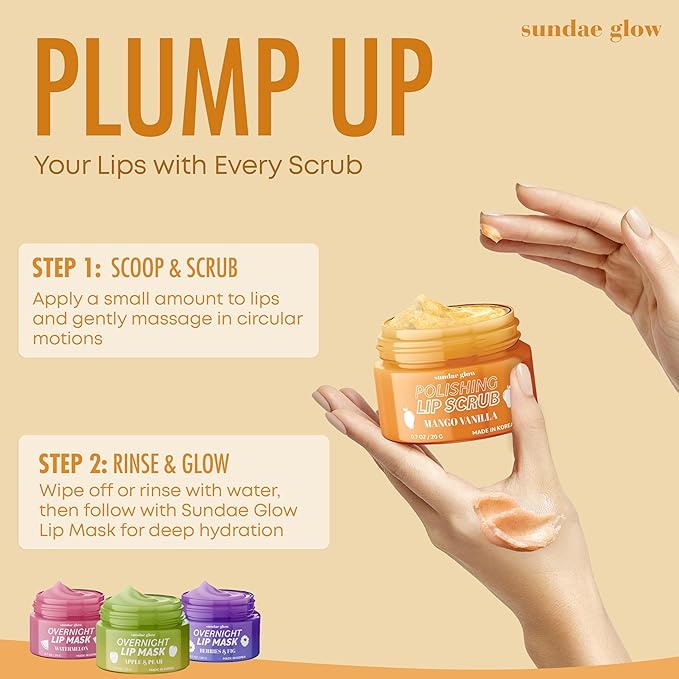 Sundae Glow Lip Scrub with Mango Vanilla – Exfoliates, Hydrates & Repairs – Smooths, Softens & Revitalizes Dry Lips – Dermatologist Tested, Korean Skin Care – Clean Beauty, Cruelty-Free – 1 Pack