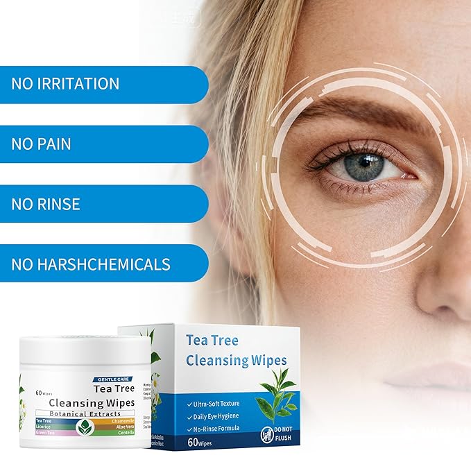 60 Pcs Tea Tree Oil Eyelid & Lash & Face Cleansing Wipes l Eyelid Pads For People Blepharitis & Chalazion & DryEyes & Stye Eye Treatment, Eyelash Makeup Remover & Daily Eye Lid Pads, Cleaning Wipes
