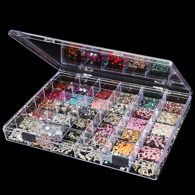 Noverlife 36 Grids Clear Plastic Jewelry Organizer Box, Nail Charm Holder Double Buckle Bead Organizer Storage Container Box, Empty Nail Box Organizer Earring Display Case Acrylic Bead Box for Women