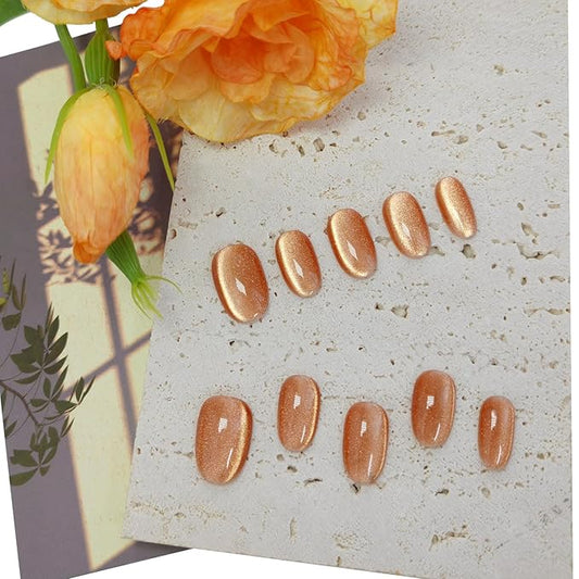 Cat Eye Press on Nails Handmade Short Oval/Square/Round False Nails with French Tip/Aurora/Magnetic Shimmer Designs (Side#Koi L)
